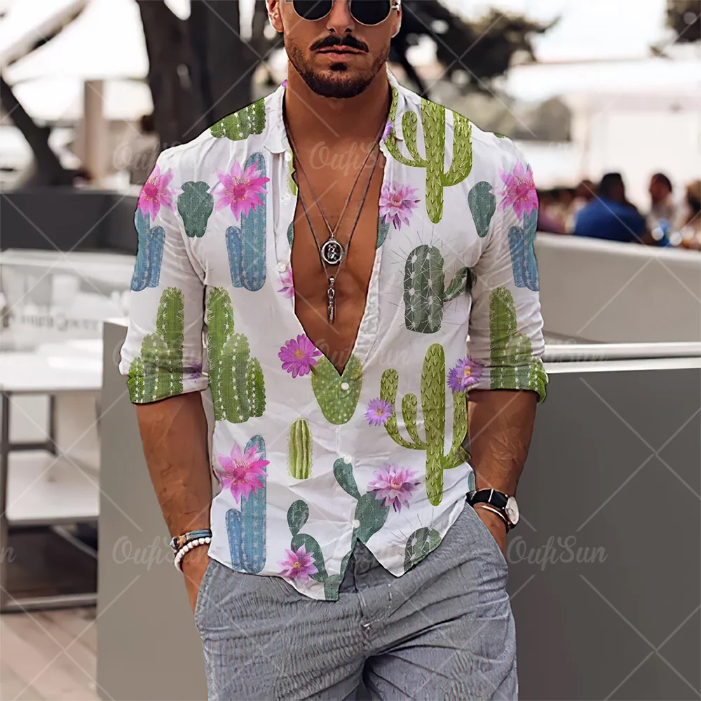 2022 3d Coconut Tree Print New Male Clothes Loose Tops Shirt Men Men's Long Sleeve Shirts Lapel Shirt Hawaiian Shirts Streetwear