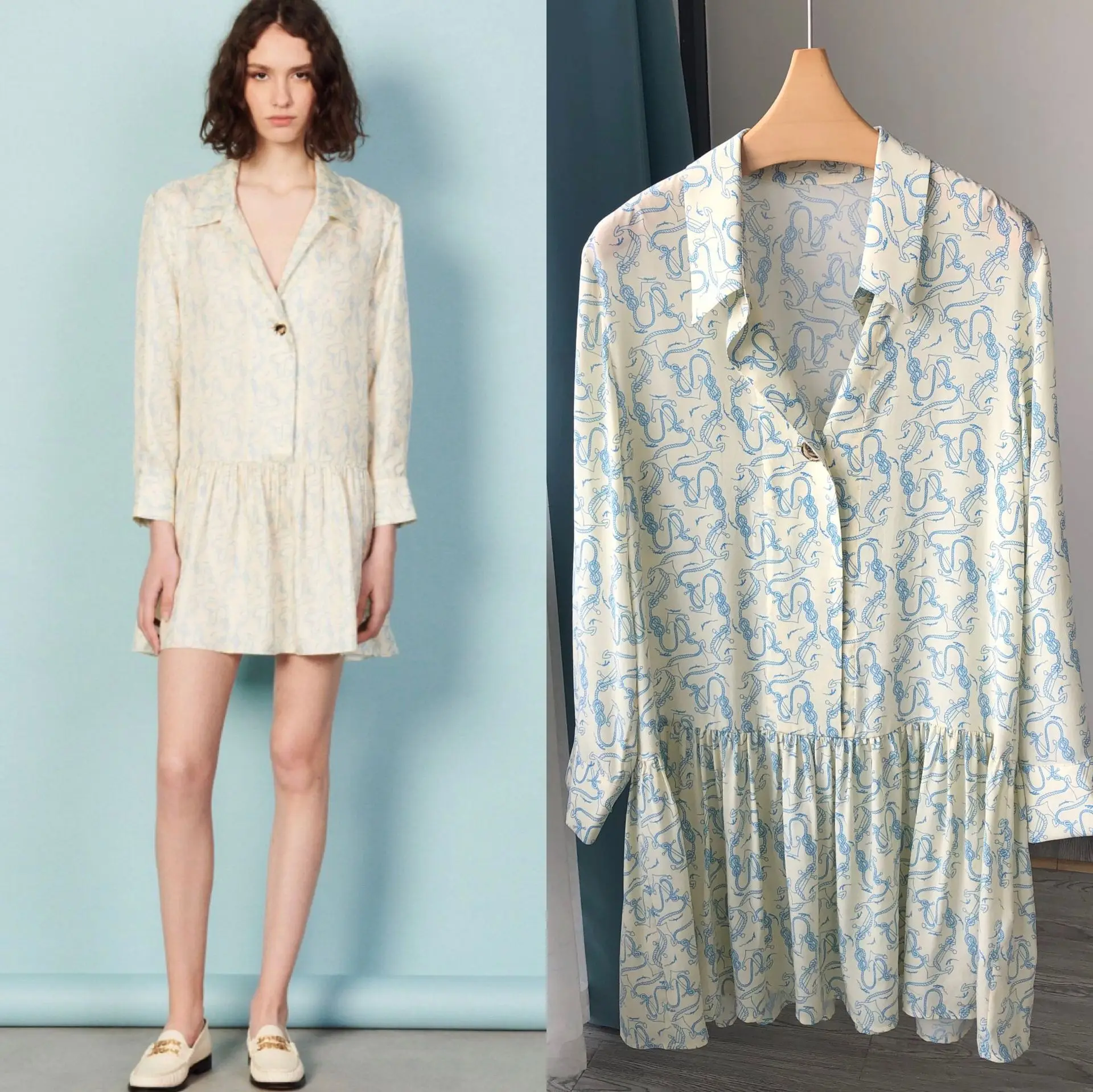 

French Anchor Print Silk Pleated Waist Dress Long-sleeved Short Dresses Half-Open Placket Elegant Office Lady Loose Casual Dress