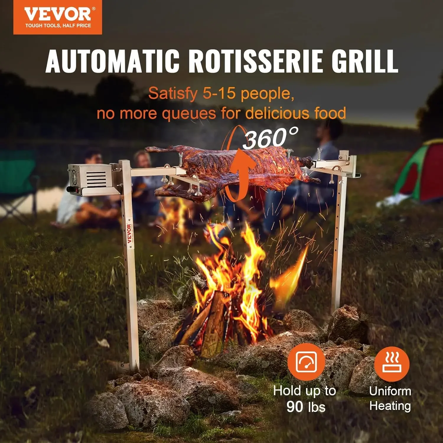 Electric BBQ Rotisserie Grill Kit, 90 lbs Capacity Heavy Duty Grilling Kit, Automatic 42W Motor and Height Adjustable Universal 2