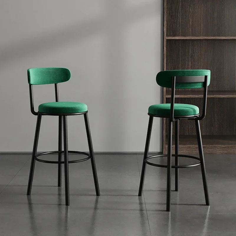 Nordic Bar Chairs Iron High Feet Backrest Seat High-temperature Baking Paint Dining Stools Comfortable Velvet Modern Furniture