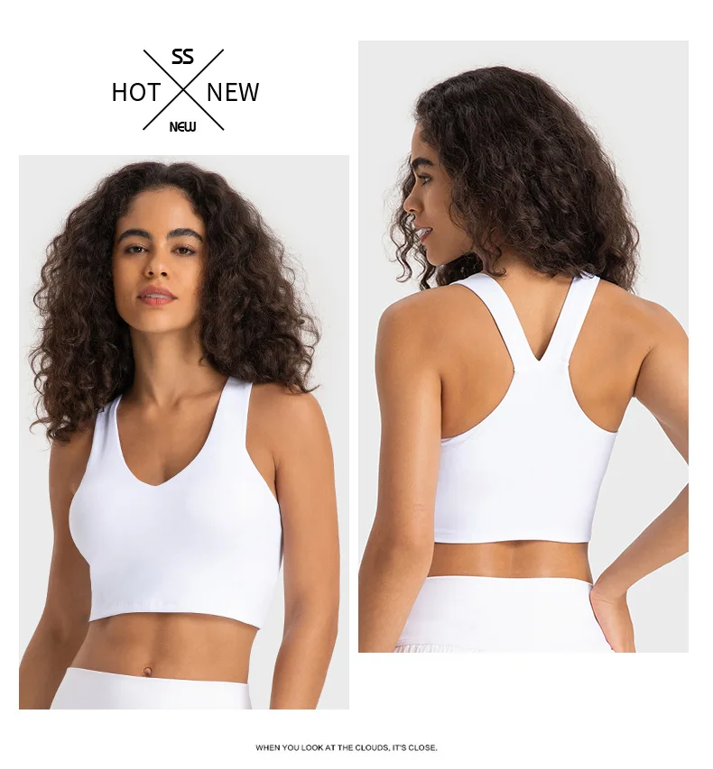 Solid Color Wide Shoulder Strap V-Neck Women Sports Tank Fitness Yoga Bra Crop Top Push Up With Chest Pad High Impact Shockproof