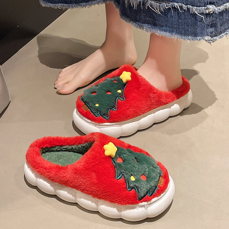 Christmas Tree Decor Cotton Slippers Women Indoor Warm Thick Plush Platform Slides Woman Comfy Non Slip Soft Fluffy Fur Slippers