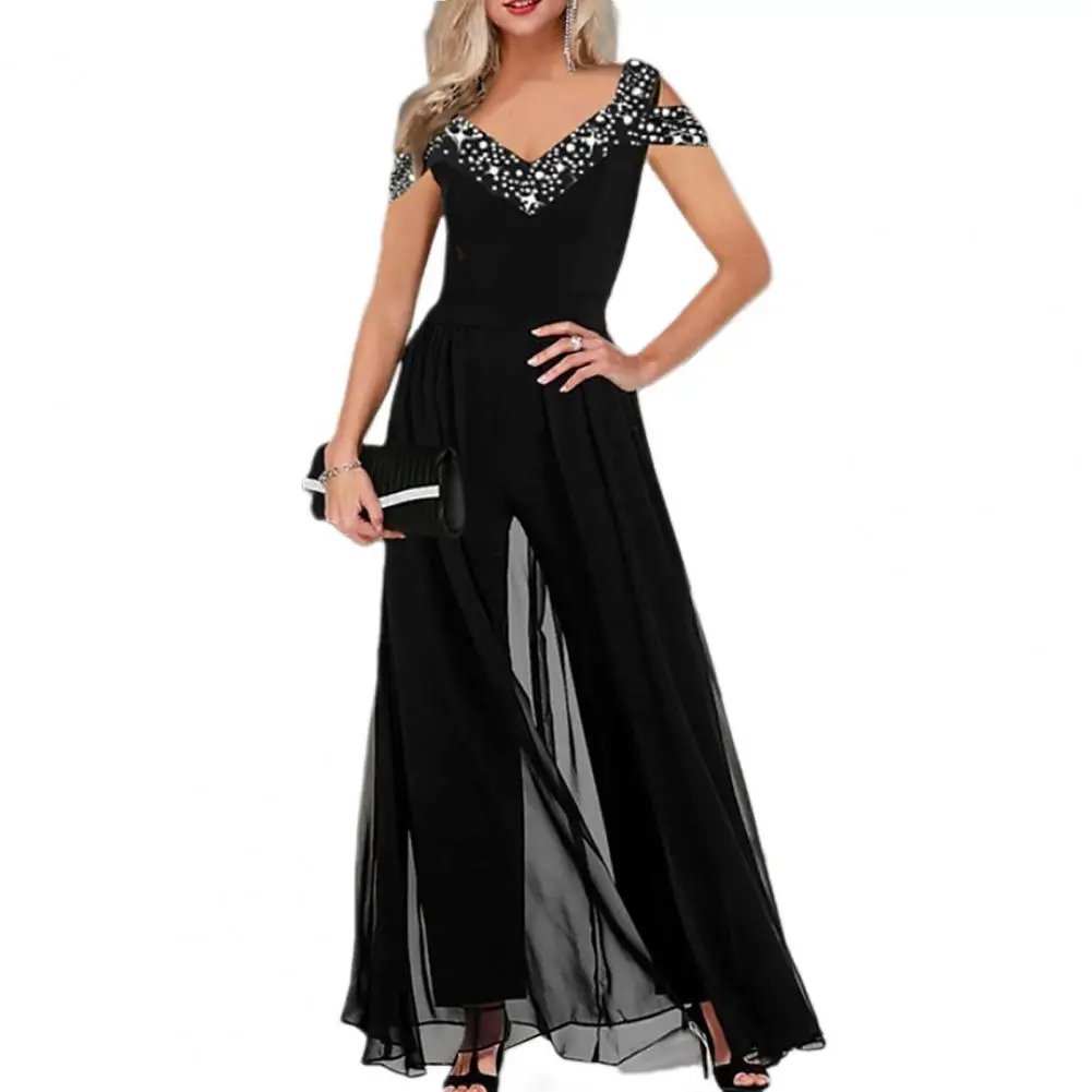 

Summer Cutout Jumpsuits Elegant Women's Wide Leg Jumpsuit with V-neck Mesh Patchwork for Parties Work or Prom Women Party