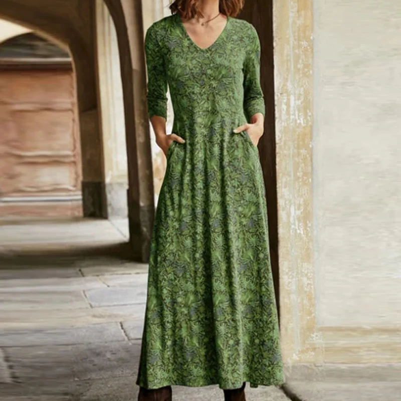 

Fashion Summer V Neck Higt Waist Party Dresses Elegant Floral Print Long Sleeve Women Maxi Dresses Ladies Slim Vestidos Female