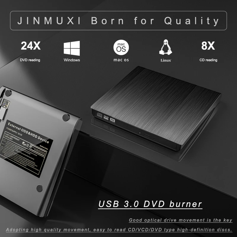JINMUXI 외장 DVD 드라이브, USB 3.0 C타입 케이블, 휴대용 CD DVD RW 드라이브 라이터, 버너 광학 플레이어, 노트북과 호환 가능 