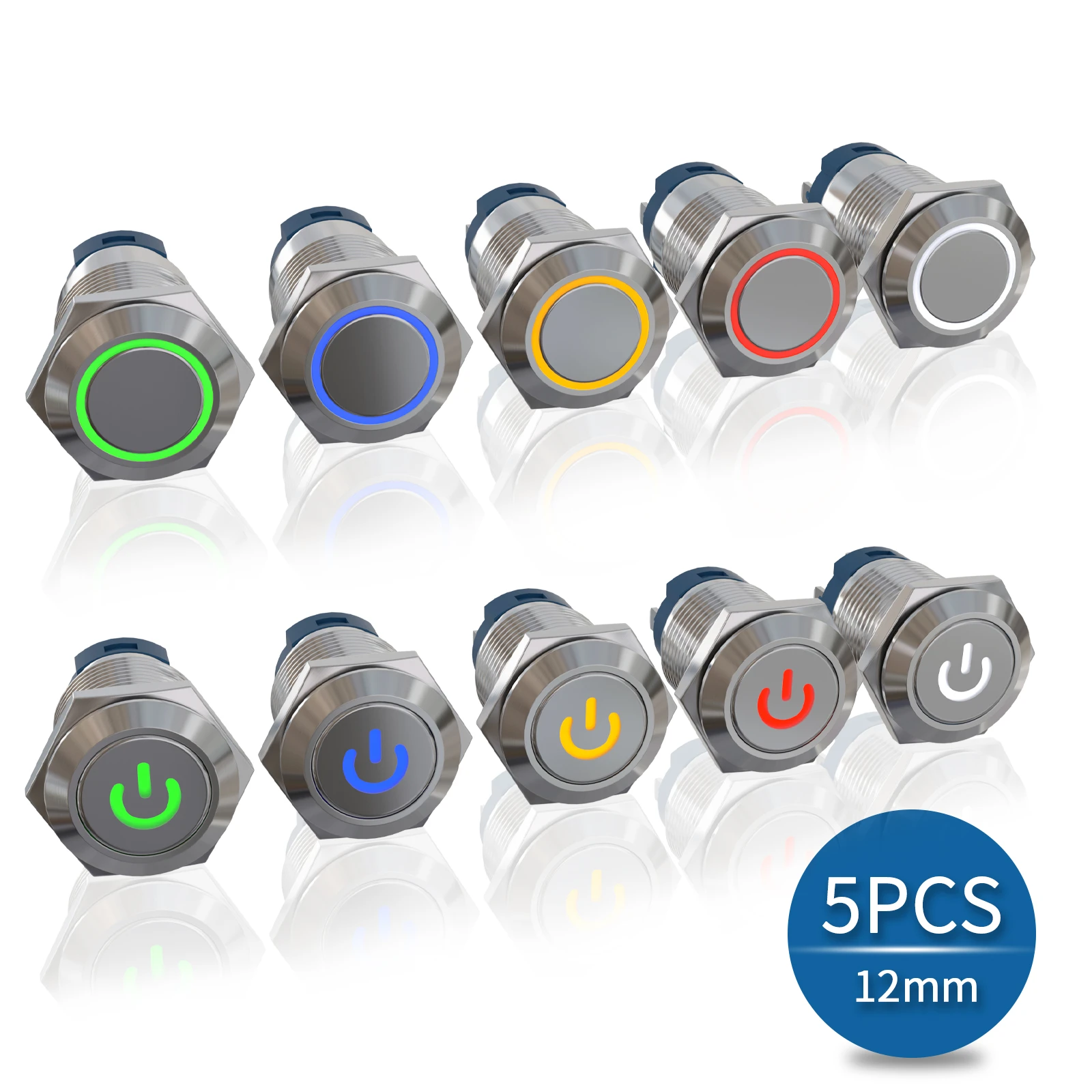 APIELE 5PCS 12mm Push Button Switch Metal Waterproof Latching/Momentary LED Light Car Engine
