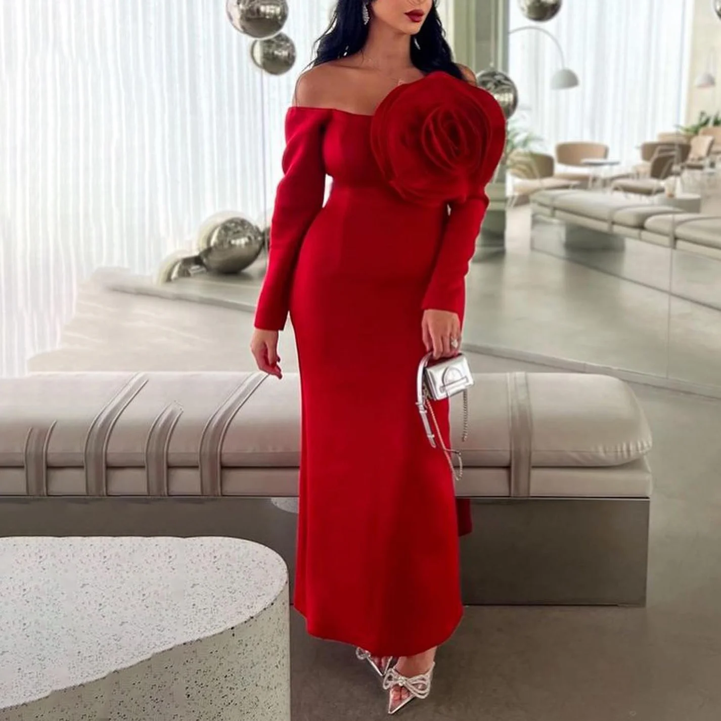 

OEING Off Shoulder Luxury Formal Evening Dresses Appliques Long Sleeves فساتين سهرة Ankle Length Elegant Prom Gowns Party Women