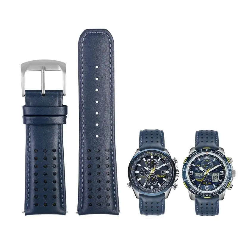 SCHIK 22mm 23mm Blue color Genuine Leather Watchband Strap Men's Watchband For Citizen AT8020-54L/JY8078 with folding buckle