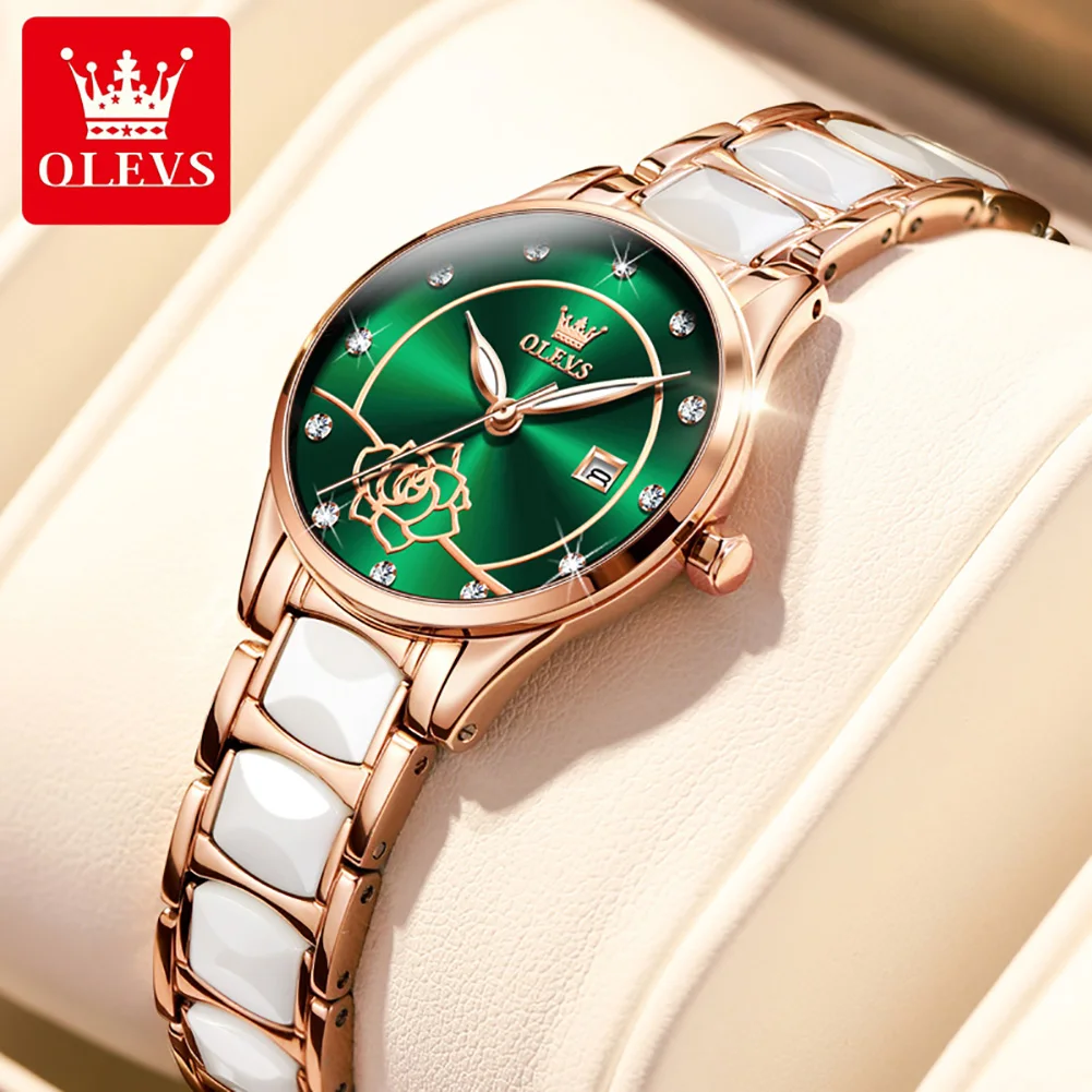 OLEVS Women Quartz Watch Fashion Camellia Design Elegant Ceramics Strap Original Imported Movement Ladies Waterproof Wristwatch