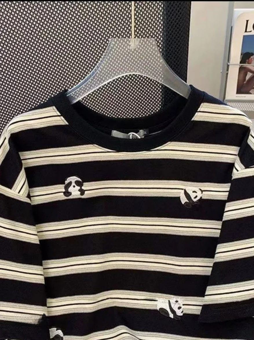 Retro Contrast Color Bla White Striped Panda Embroidery ort Sve T-irt ex Summer New Faion Top Ins Sle round ...