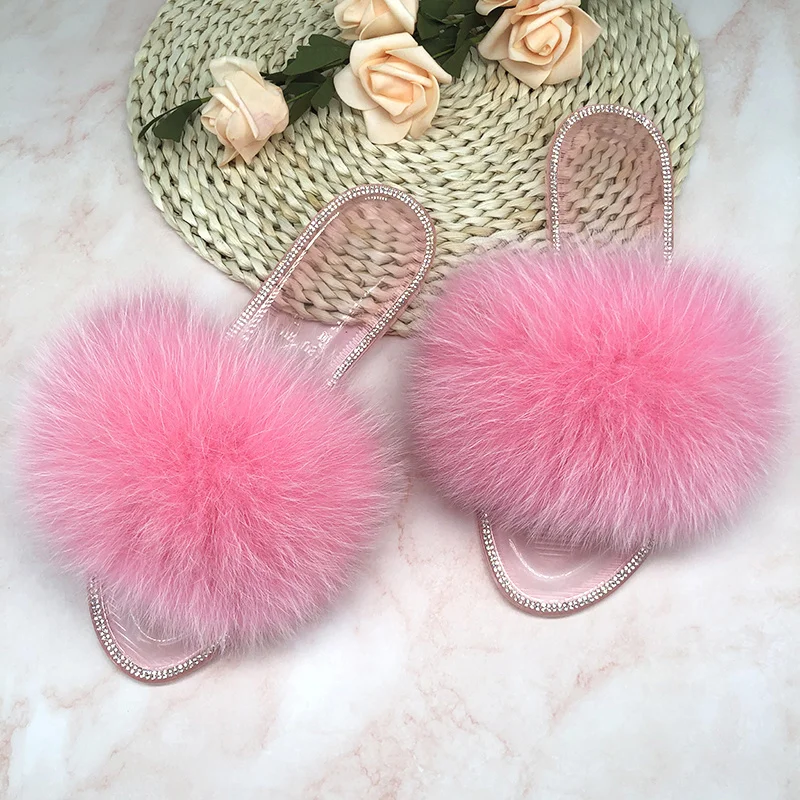 Summer Jelly Shoes Plush Fur Slippers Women Real Fox Fur Slides Outdoor Flat Sandals Big Size Shoes For Women Flip Flops