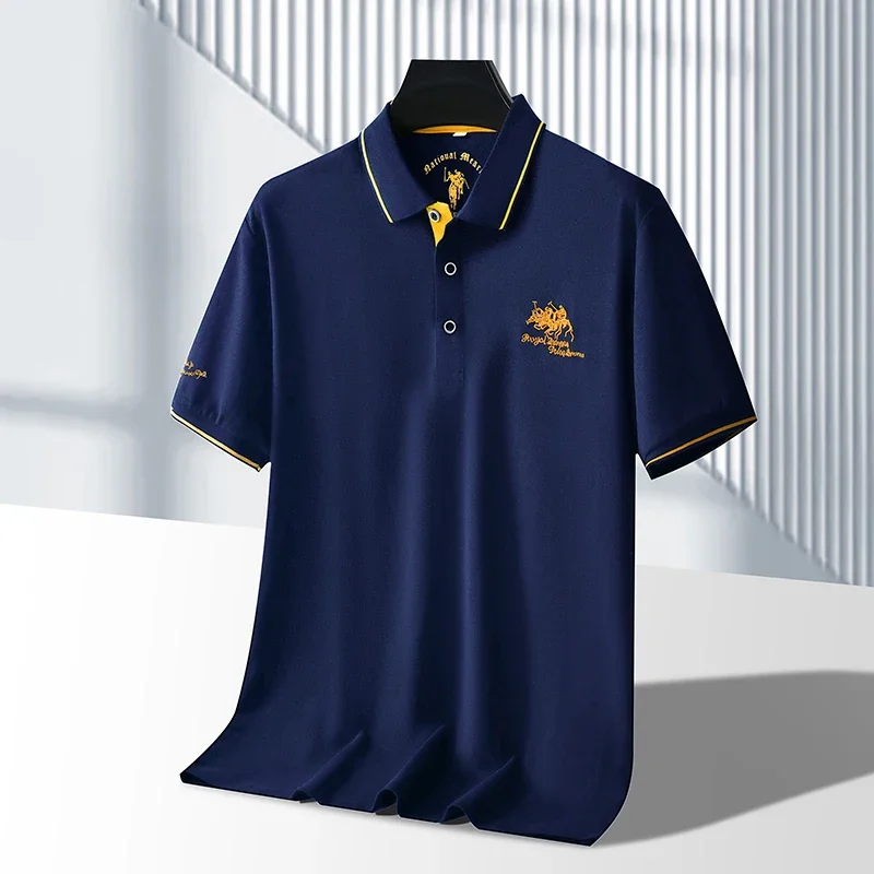 Polo da uomo in tinta unita ricamata a maniche corte casual da lavoro, alla moda, traspirante, confortevole, estiva, versatile - immagine 4