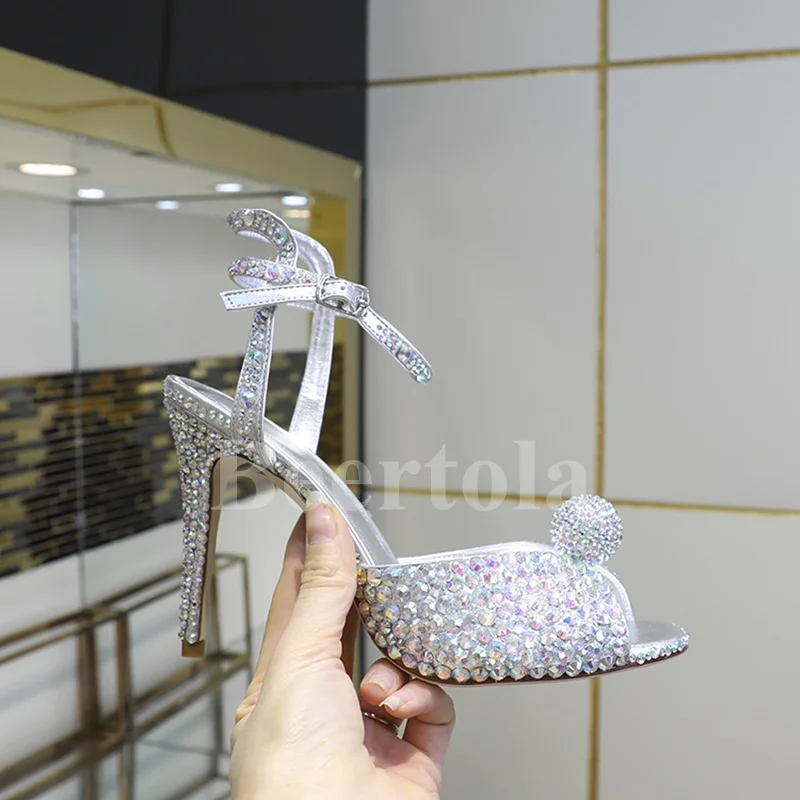 

New Elegant Rhinestone High Heel Sandals Woman Shiny Peep Toe Ankle-Strap Stilettos Banquet Party Wedding Bridal Princess Shoes