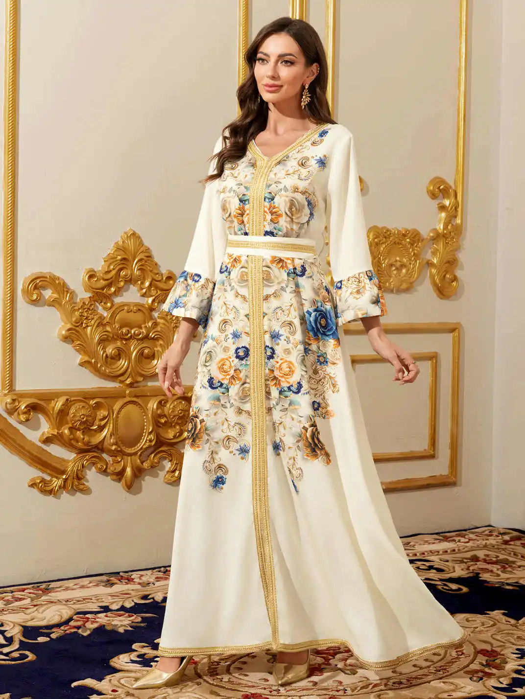 Middle Eastern Modest Maxi Dress-Muslim Moroccan Kaftan Abaya for Women Gold Embroidered Eid Dress Islamic Traditional Wear