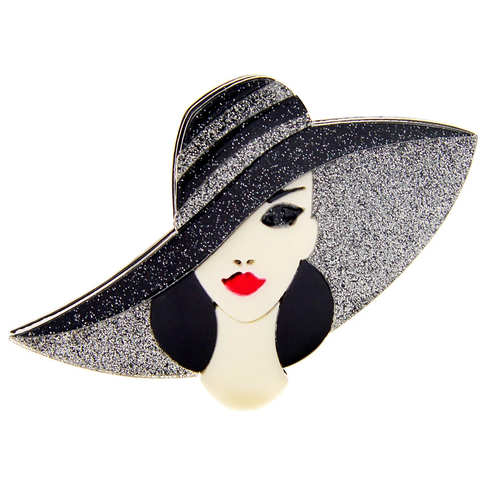 Cindy Xiang Acrylic Wear Big Hat Beautiful Lady Brooch Acetate Fiber