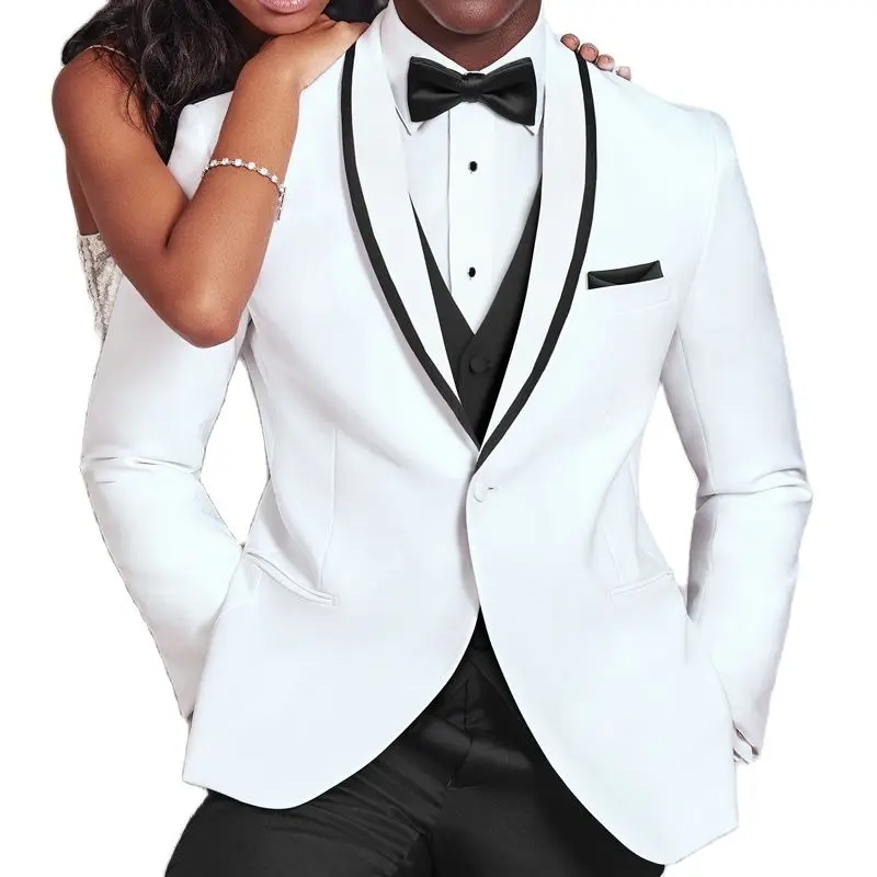 White and Black Men's Suits 3 Piece Elegant Shawl Lapel Slim Fit Wedding Groom Suit Business Casual Outfit (Jacket+Pants+Vest) mens suit