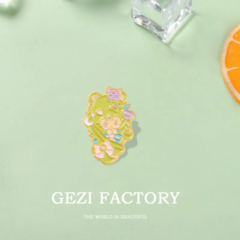 

Эмалированная заколка для девочек и кошек на заказ, зеленая девушка, луна, звезда, бант, рубашка, значок, равновесие, ювелирные изделия, подарок для друзей