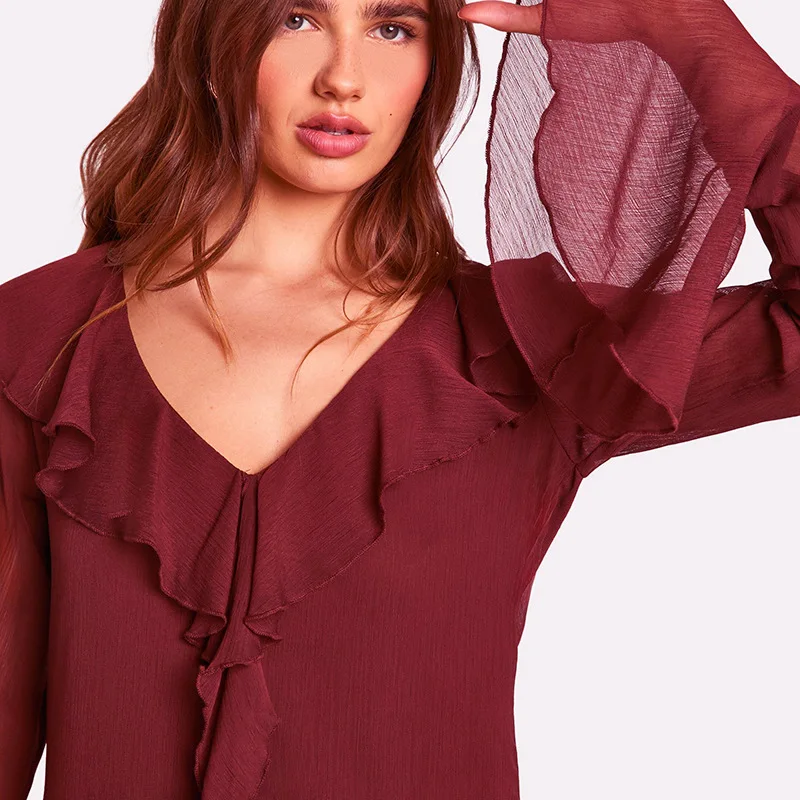 Fashion Mesh Ruffled Long Dress Women's V-Neck Loose High Waist Patchwork Elegant Party Dress Female Autumn Maxi Dress New