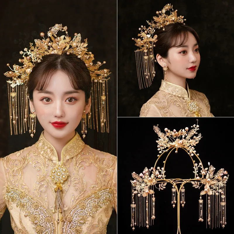 

Chinese Wedding Bridal Tiara Crowns for Women Handmade Queen Gold Crown Headbands Set Brides Tiaras Hair Accessories Decorations