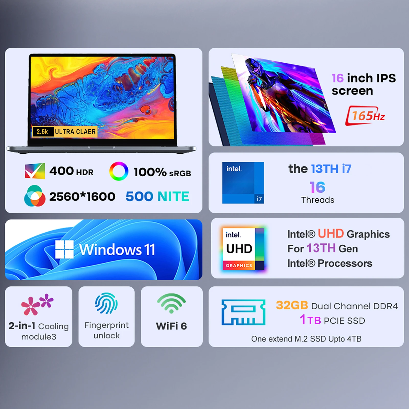Ninkear 16 Inch Laptop Computer 165Hz IPS 32GB DDR4 1TB SSD Windows 11 Laptop w/ 13TH Gen Intel Core '' i7 processor WiFi6 BT5.0 3