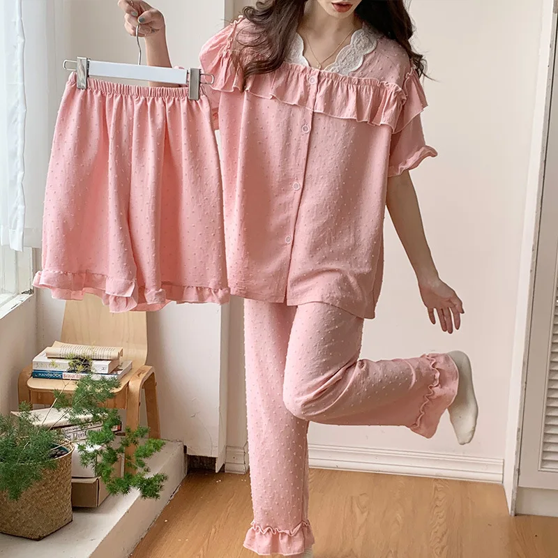 Sleepwear Women's Summer Short Sleeved Long Pants Three Piece Set, Simple and Solid Color Home Clothing Can Be Worn Externally