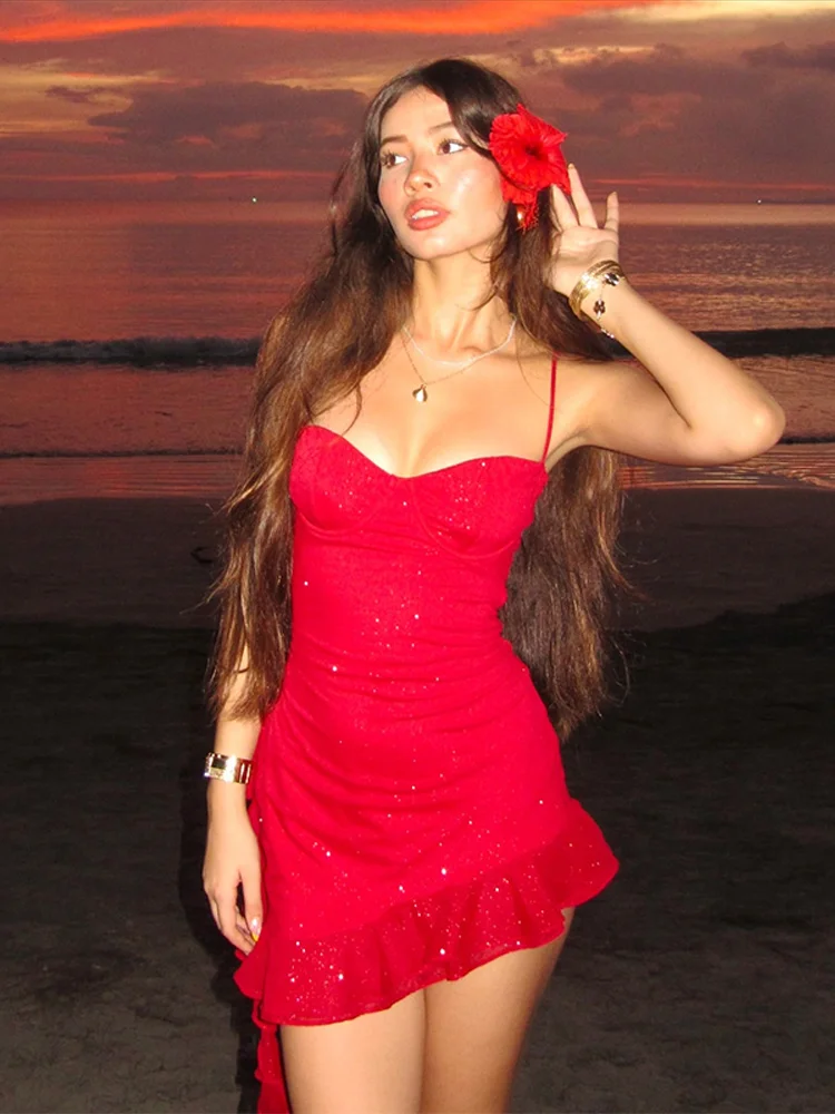 Sexy Sequin Ruffles Sling Mini Dress Women Slim Sleeveless Backless Party Dresses 2025 Spring Summer Shiny Beach Vacation Robe 3