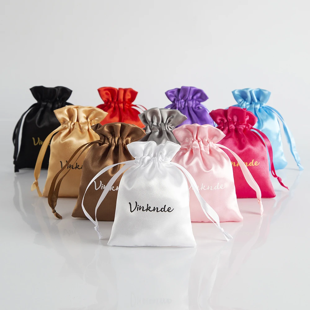 Satin Silk Jewelry Pouches Custom Logo Size Black Drawstring Earrings Bracelet Packaging Organizer Gift Bag for Wedding Bulk 100