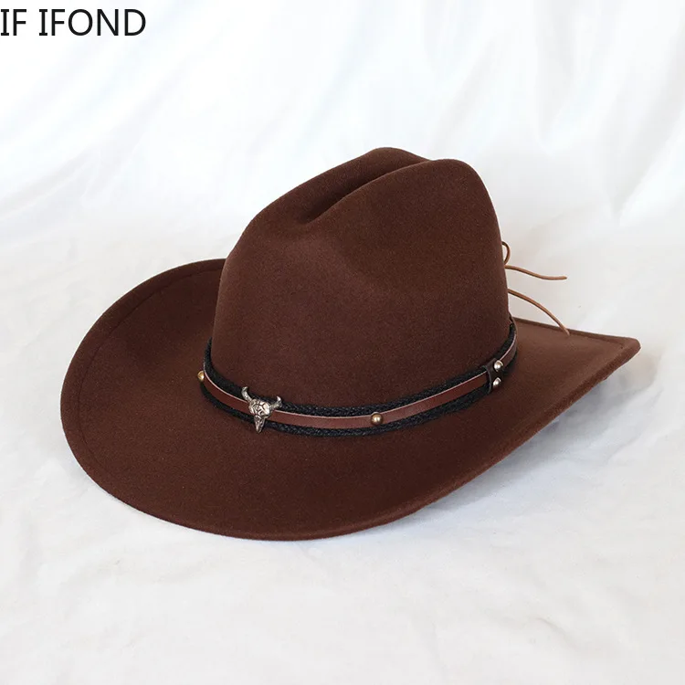  - New Vintage Western Cowboy Hat For Men's Gentleman Lady Jazz Cowgirl With Leather Wide Brim Cloche Church Sombrero Hombre Caps