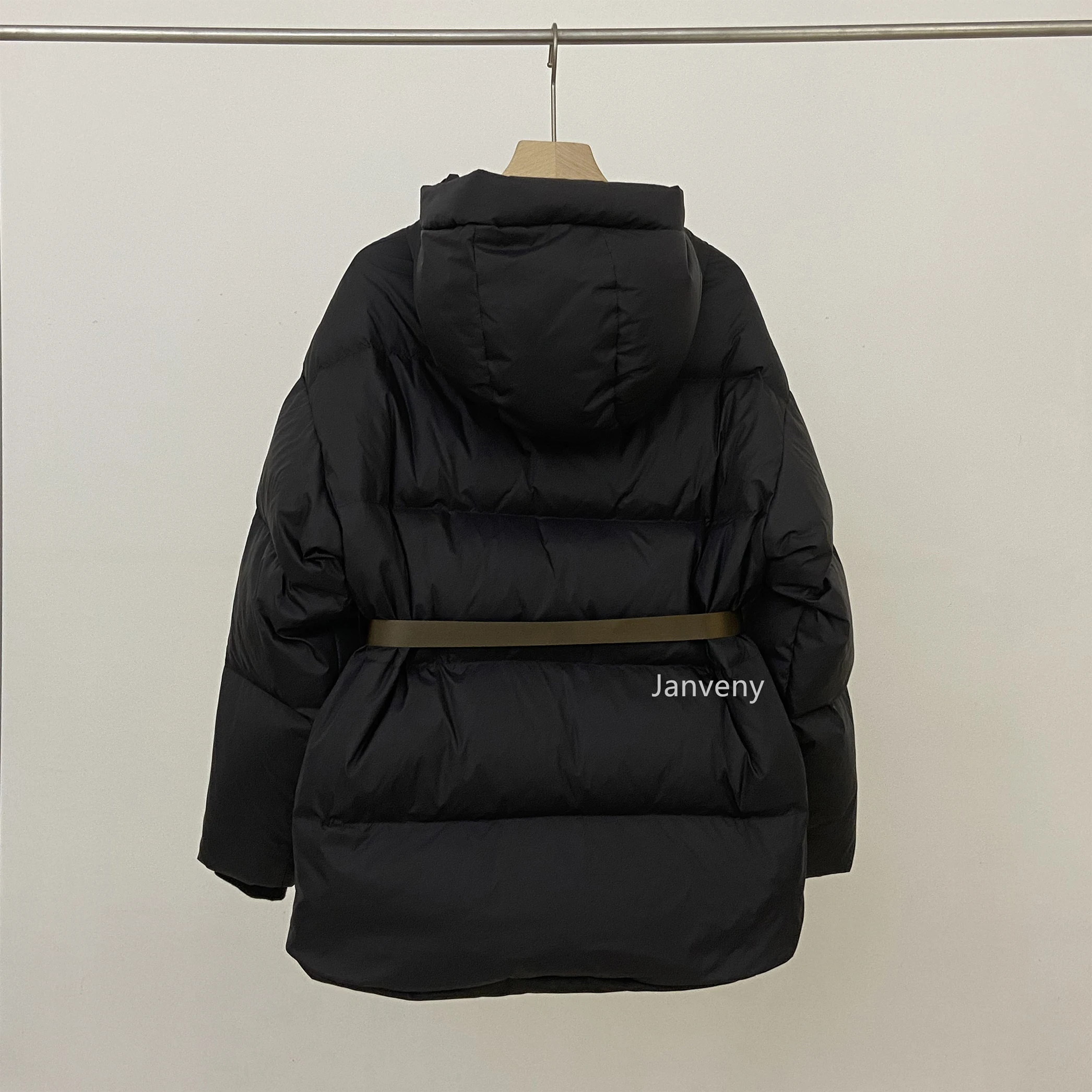 Janveny Winter Luxury Fluffy Duck Down Jacket Women Fashion Black Zipper Puffer Coat Casual Female Slim Feather Parkas With Belt
