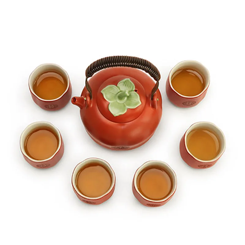 Household Ceramics Persimmon Shape Teapot Set, Teacup, Tea Pot, Ceremony for Chinese Red, Wedding Supplies, Souvenir Gifts