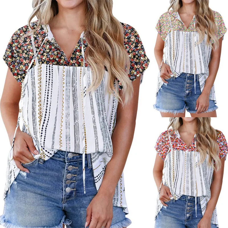 

2022 New Summer Women's T-shirt V-neck Casual Floral Print Loose Top