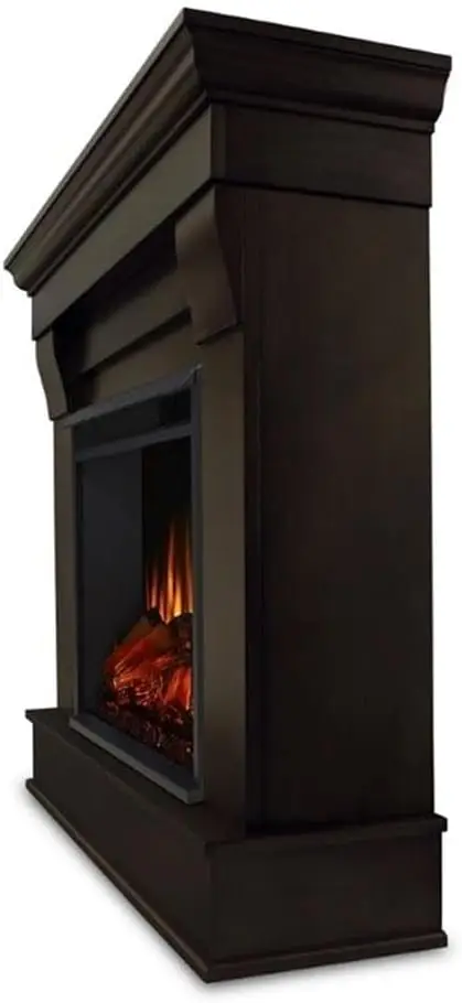 Traditional Solid Wood Indoor Electric Fireplace Mantel Heater with Remote Control, Adjustable Led Flame, 1500W in Dark Walnut 3
