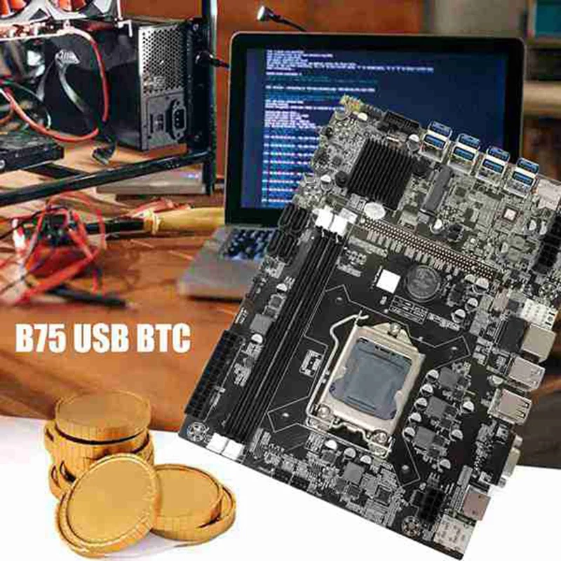 B75 ETH Mining Motherboard 8XPCIE To USB LGA1155+DDR3 4GB 1600Mhz+SATA Cable+RJ45 Network Cable+Switch Cable BTC Miner the motherboard