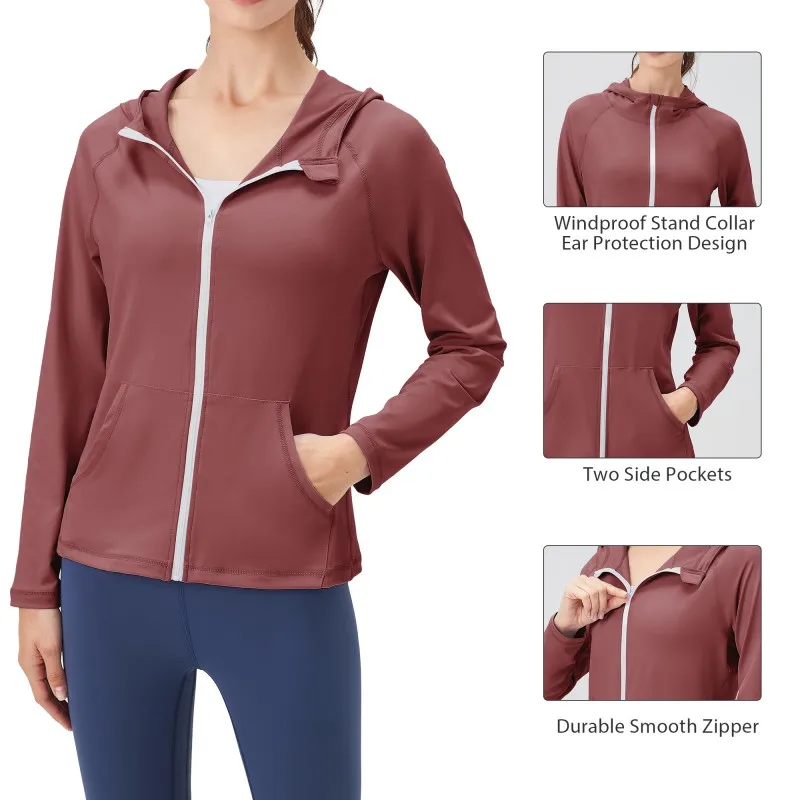 

Women Hooded Jacket Running Coat Zipper Long Sleeve Pocket Yoga Tops Slim Running Sweatshirts Quick Drying Gym Fitness Cardigan