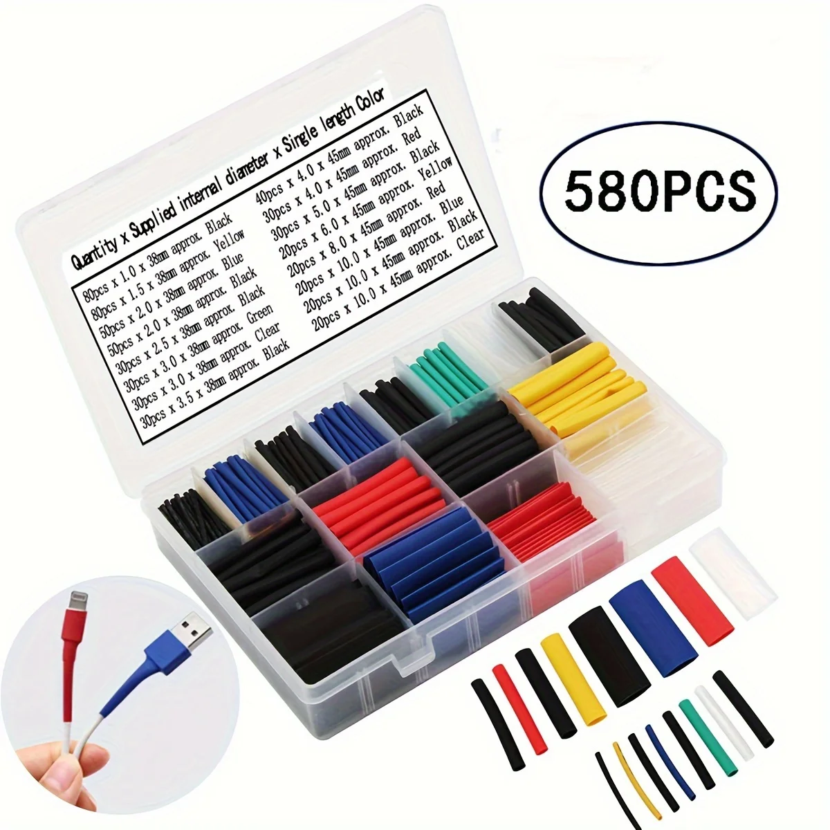 560/580/800 PCS Heat Shrink Tubings 2:1 Wire Cable Wrap Assortment Tube Sets Electric Insulation Heat Shrink Tube Kit