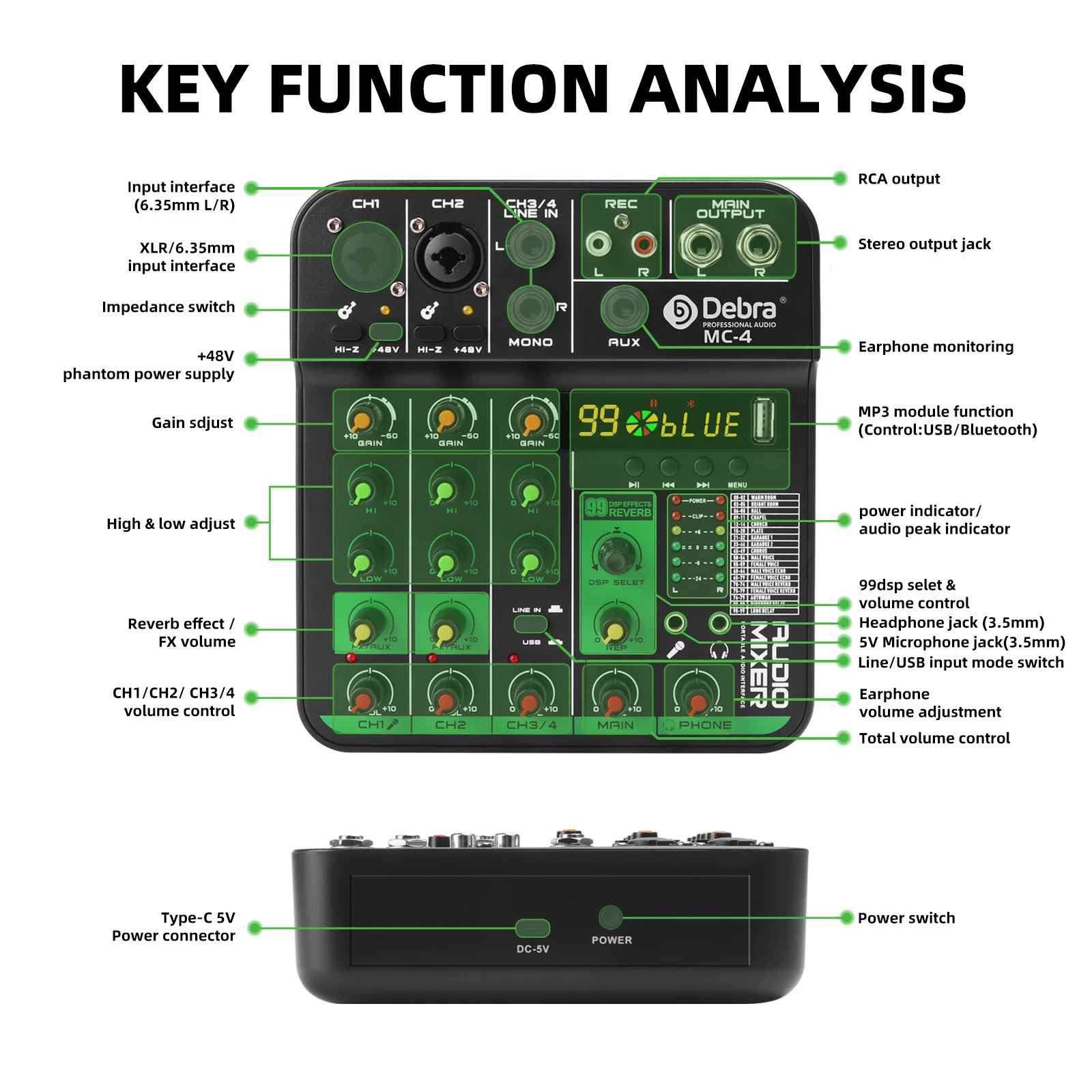 Debra MC-4 4 Channel Audio Mixer Bluetooth 5.0 99 DSP Reverb for Live Streaming