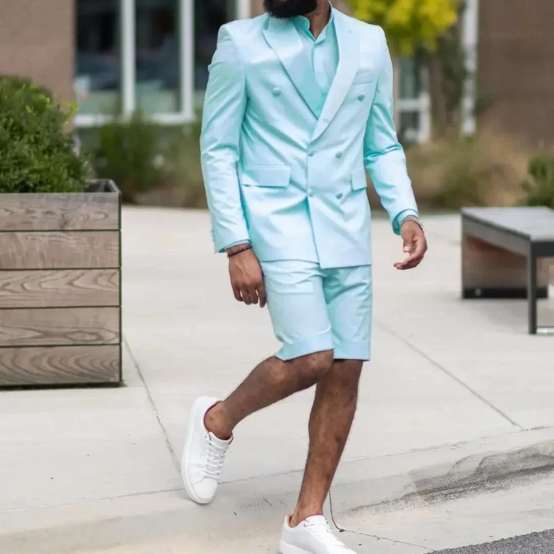Summer Sky Blue Double Breasted Men Suits Casual Peak Lapel Slim Fit Blazers High Quality Custom 2 Piece Set Jacket Short Pants