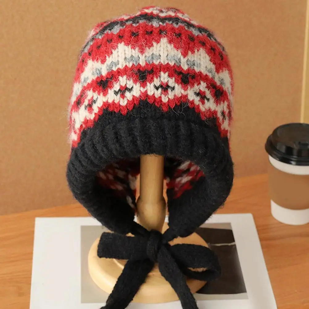 Winter Hat Knitted Hat Women Ethnic Style Striped Spliced Knitted Woolen Hat For Autumn And Winter Thickened Warm And Cold Resistant Ear Protection