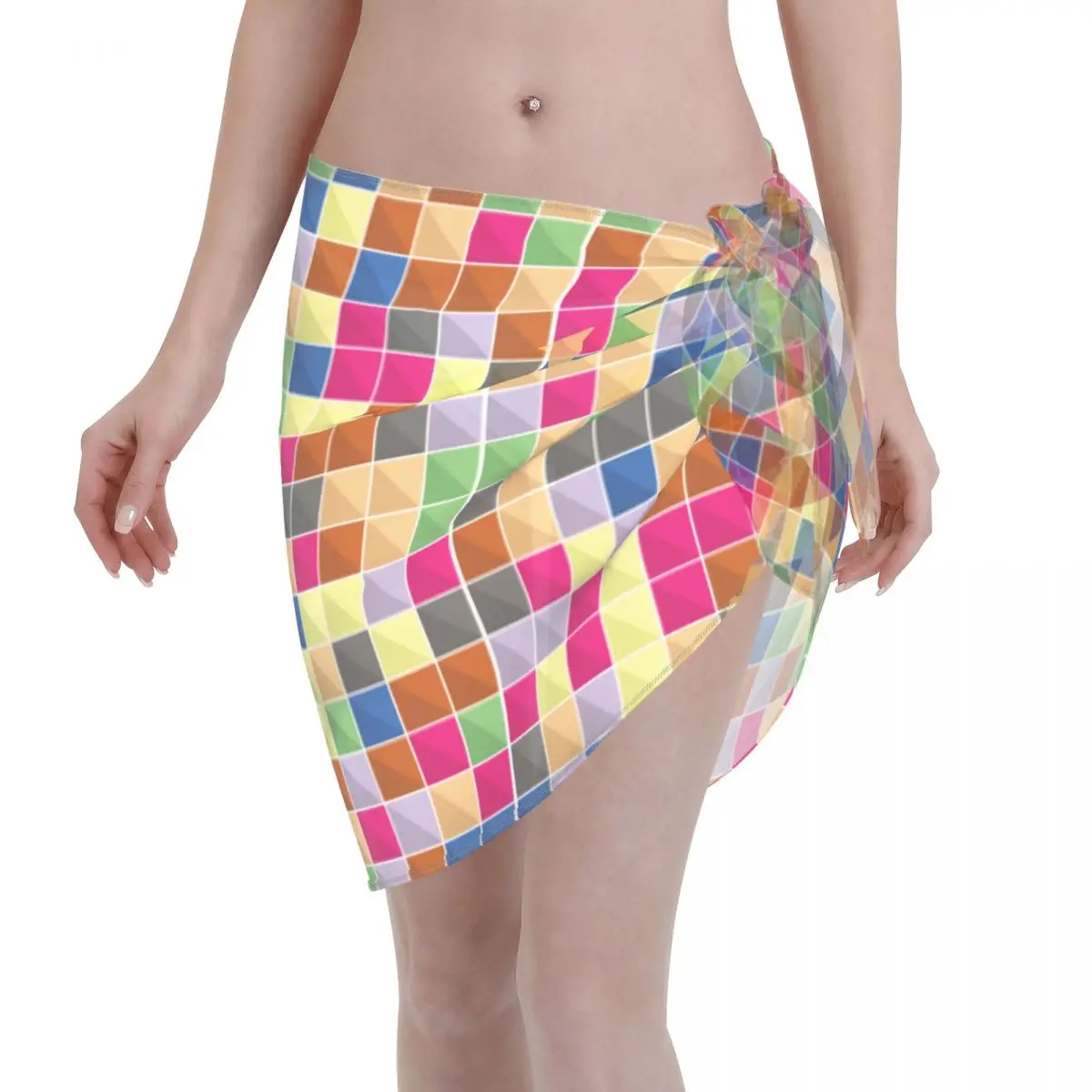 

Sexy Women Chiffon Swimwear Pareo Abstract Squares Background Cover Up Wrap Skirt Colorful Beachwear Swimsuits Bikini Cover Ups