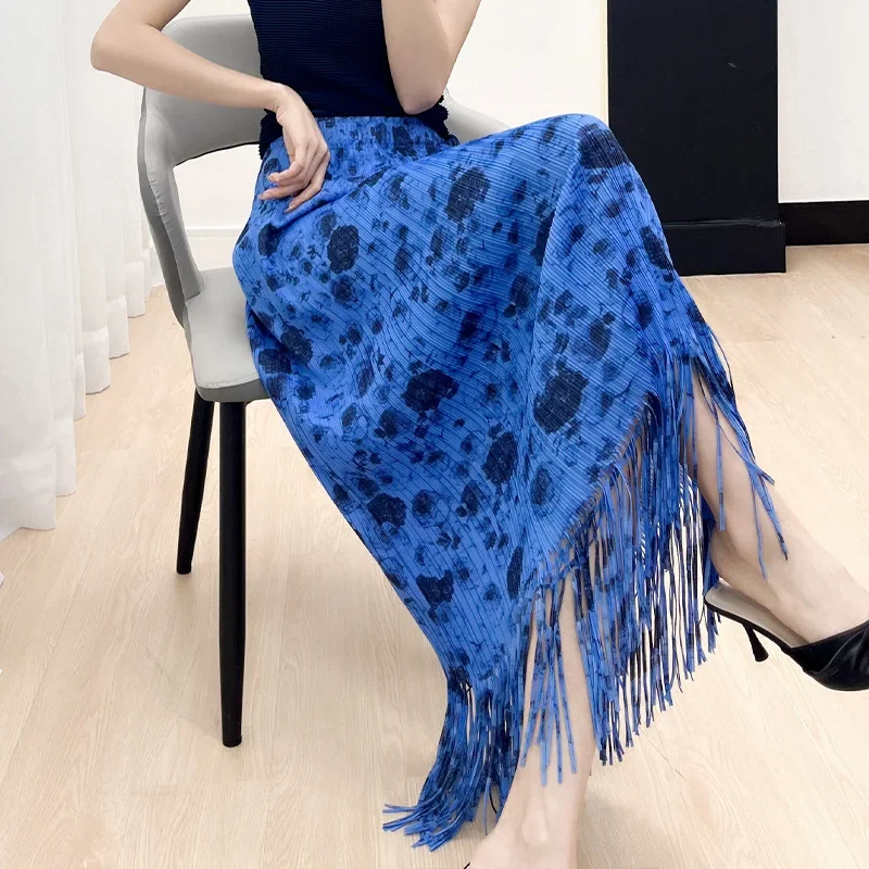 Miyake Style Comfortable Casual Floral Print Slim Fit Elegant Fashion Tassel Skirt Women 2024 Summer New Style