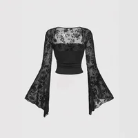 Gothique Sexy dentelle maille évasée à manches longues Smock Y2K Vintage noir voir à travers les couvertures T-Shirts Grunge été femmes Streetwear 2