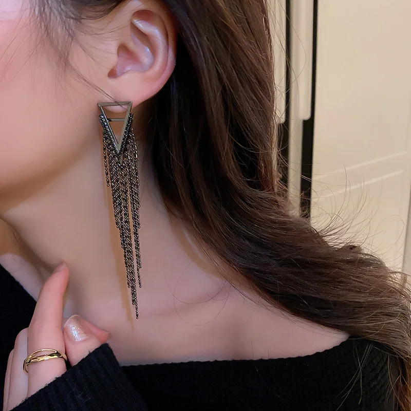 Real 925 Sterling Silver Needle Long Dangle Drop Earrings Women Jewelry Black Triangular Punk Rock Female Earrings