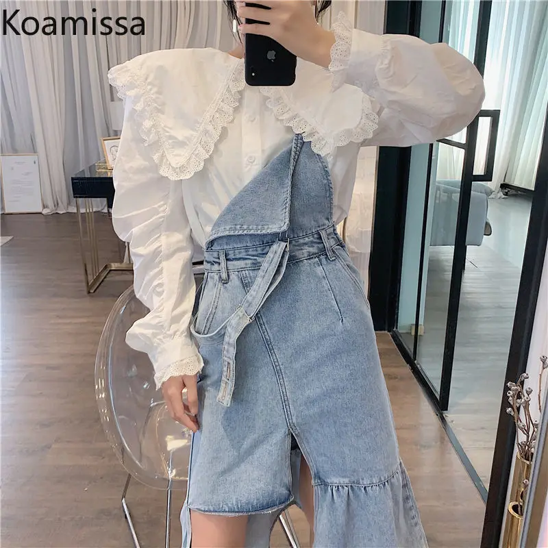 

Koamissa Sweet Women Two Pieces Set White Fashion Long Sleeves Shirt Jeans Irregular Maxi Dress Spring Autumn Outfits Ropa Mujer