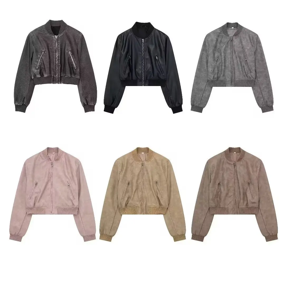 

Women New Fashion Zipper pocket decoration Washed Faux leather flying Jacket Coat Vintage Long Sleeve Female Outerwear Chic Tops