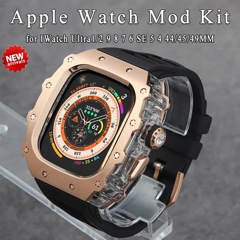 Stainless Steel Case Modification Kit for Apple Watch Ultra 2 Band 49mm 45mm 44mm Metal Case IWatch 9 8 7 6 5 SE Silicone Strap