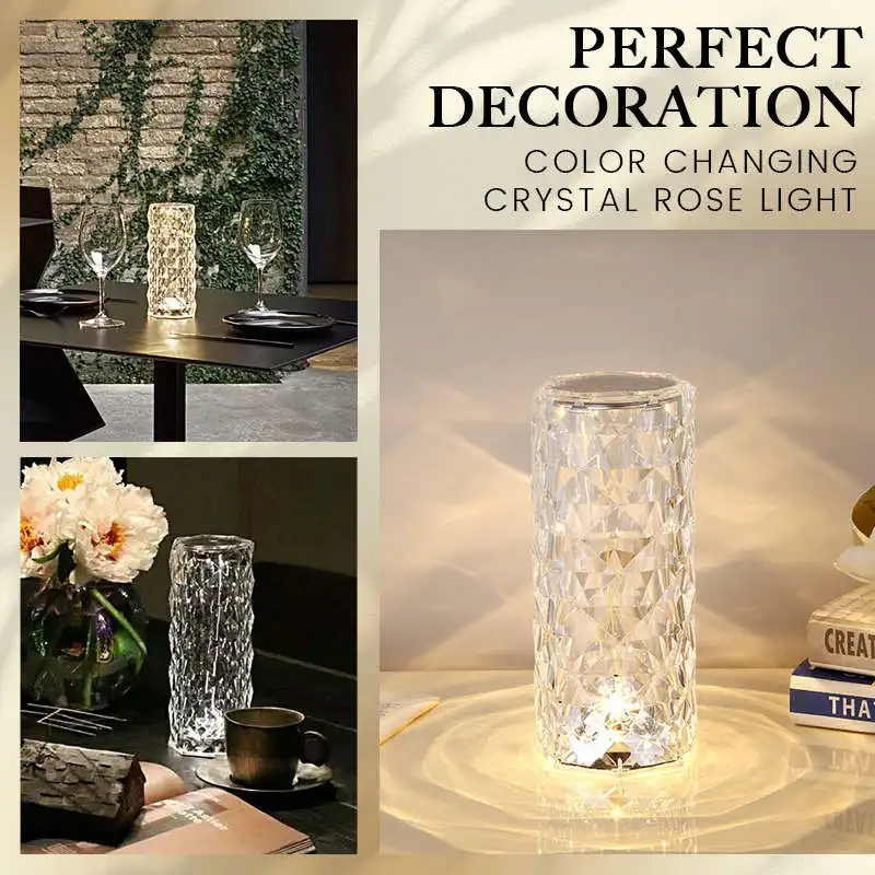 Rose Crystal Lamp Crystal Lights Touching Control with USB Port 3/16 RGB Color Changing Romantic Rose Diamond Table Lamp 3