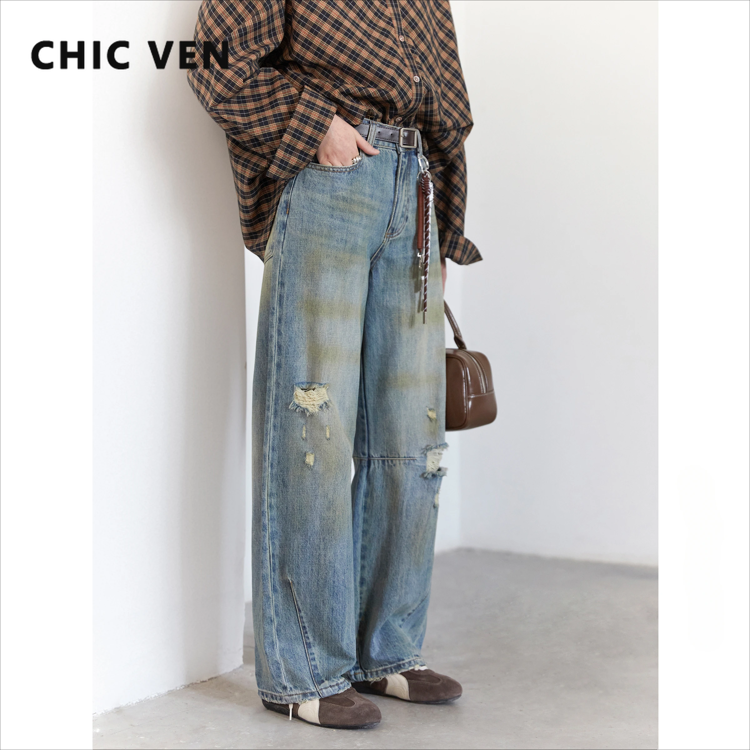 CHIC VEN rétro femmes jean ample décontracté nouveau taille haute jambes larges Denim pantalon femme pantalon printemps automne 2025