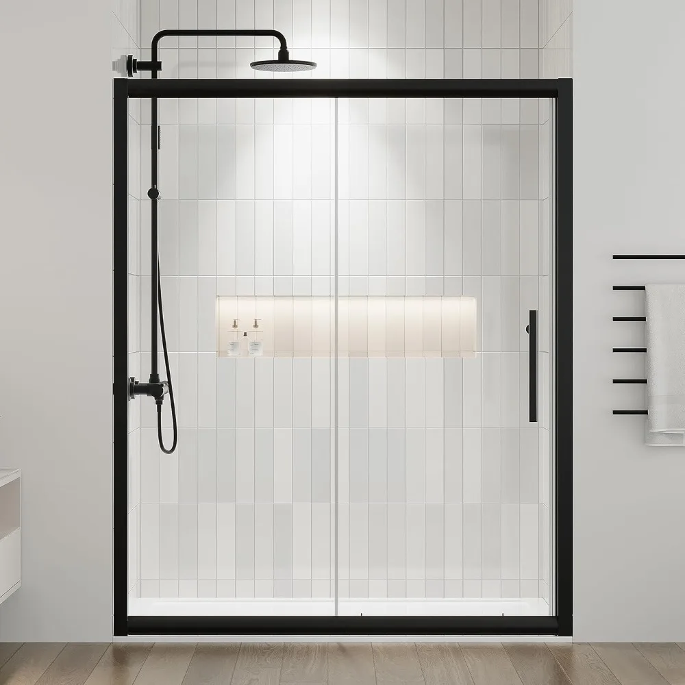 Semi-Frameles Black Shower Door with Clear Tempered Glass and Easy Roller System, Sliding Shower Door with Water Seal Strips 2