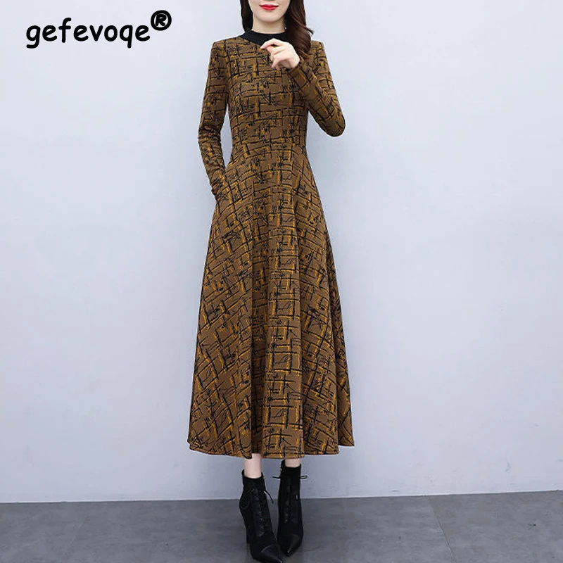 

2023 Spring Autumn New Fashion Elegant Print Party Dresses for Women High Waist Round Neck Long Sleeve Slim Midi Dress Vestidos