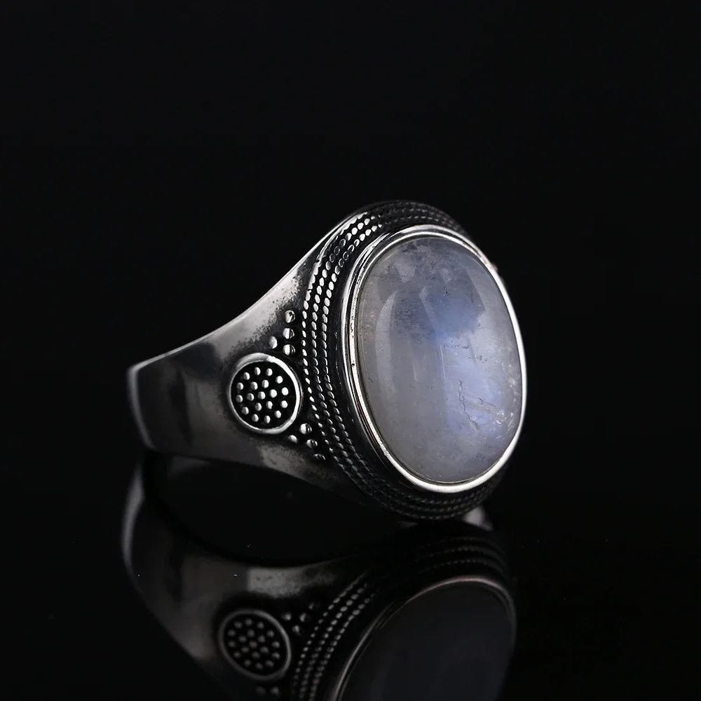 Silver Rings Silver Ring Gemstone Ring Natural Moonstone Ring Lady S925 Sterling Silver Jewelry Retro Party Ring 10x14MM Large Ellipse Gem Gift